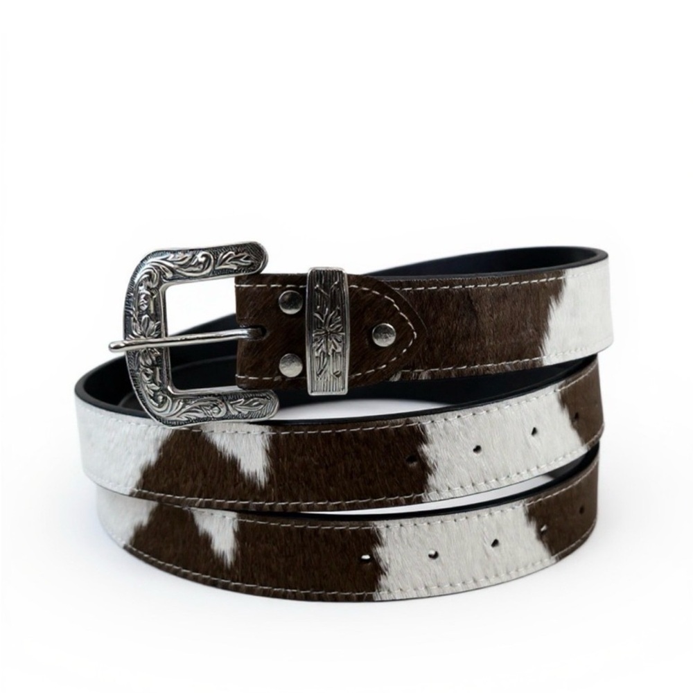 Cowhide Leather Belt with Ornate Silver Buckle
